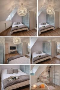 a room with a bed and a chandelier at Escapade chaleureuse in Sequedin