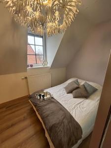a bedroom with a bed and a chandelier at Escapade chaleureuse in Sequedin