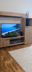a large flat screen tv on a wooden entertainment center at Green view apartman Pančevo in Pančevo