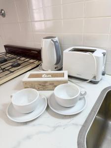 a kitchen counter with two plates and a toaster at Sol de Alvear in General Alvear