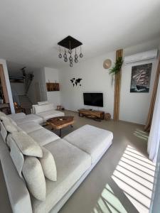 a living room with a couch and a tv at Villa Central Palms in Palasë