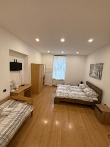 a large room with two beds and a television at Rooms Gollner in Zagreb