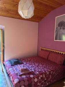a bedroom with a bed with a purple wall at Casa Tritapepe in Torricella Peligna