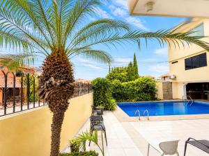 a palm tree in front of a swimming pool at EXECUTIVE SUITE Piscina & Parking Privado in Machala