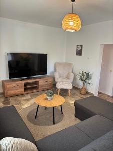 a living room with a couch and a tv and a table at Villa Pano Salamina in Ambelákia