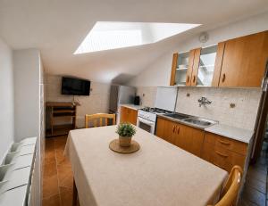 a kitchen with a table with a plant on it at Apartments Izabela Mužić-Fornarić Cres in Cres +36 photos