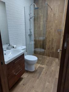 a bathroom with a toilet and a shower and a sink at Apartamentos vacacionales malba Bajo A in Punta Umbría