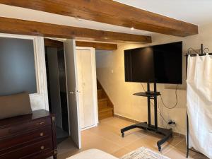 a living room with a flat screen tv on the wall at La Fenière in Roubion