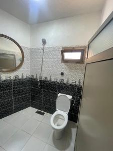 a bathroom with a toilet and a mirror at Red Rocks Guest House in Tamellalt +31 photos