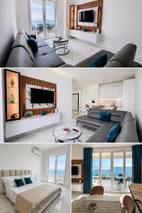 a living room with a large couch and a table at Eddy's Luxury Suites - Ilyonis in Shëngjin