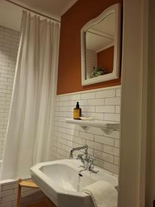 a bathroom with a sink and a mirror at Het Koetshuis, op 50m van zee, voor 5 personen, centrum Westende BAD, alle comfort in Middelkerke +11 photos