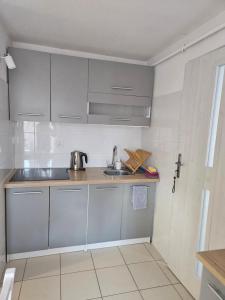 a kitchen with gray cabinets and a sink at Apartament Wiejska Sielanka in Ryn +25 photos