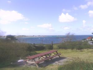 a wooden bench sitting on the grass near the water at Chambres d hôtes vue mer au gré des marées Plouguerneau Bretagne in Plouguerneau