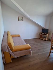 a living room with a couch and a television at Apartments Elvira in Sveta Nedelja