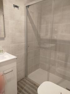 a bathroom with a shower with a toilet and a sink at Apartamento tranquilo y luminoso in Mundaka +11 photos