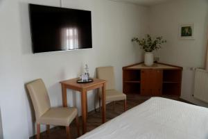 ein Schlafzimmer mit einem Bett, zwei Stühlen und einem Fernseher in der Unterkunft Ochsen Hardheim in Hardheim