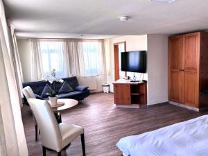 ein Wohnzimmer mit Sofa und Fernseher in der Unterkunft Ochsen Hardheim in Hardheim