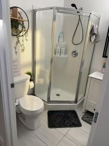 a bathroom with a shower and a toilet at Private Spacious Walkout Suite Near Downtown in Halifax