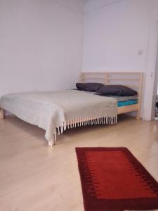 a bedroom with a bed with a rug on the floor at BLR Apartment in Graz