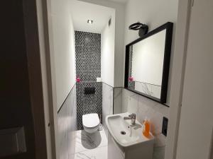 a bathroom with a sink and a toilet and a mirror at Host-X Pokoje Ciche Centrum Mała Sienkiewicza -fv in Kielce +25 photos