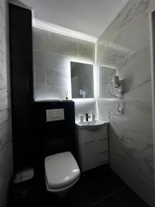 a white bathroom with a toilet and a sink at Robert Urban Class in Gura Humorului +6 photos