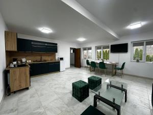 a kitchen and living room with a table and chairs at Robert Urban Class in Gura Humorului