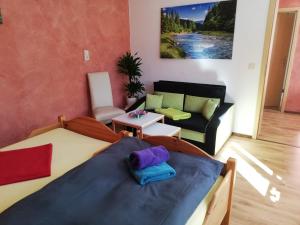 a small room with a bed and a couch at FeWo Am Tummelplatz in Blankenburg
