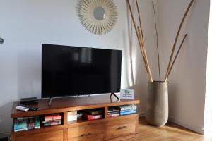 a flat screen tv on a wooden entertainment center with a vase at CASA SIMBA , where the fun begins in Ponta Delgada