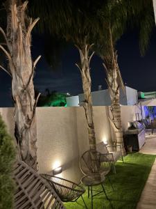 a patio with chairs and palm trees at night at Geron's וילת אירוח in Bet Sheʼan