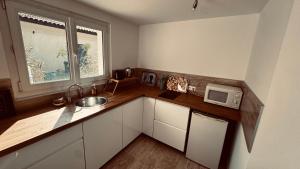 a small kitchen with a sink and a microwave at suite romantique jacuzzi & piscine privée en pleine forêt in Saint-Zacharie