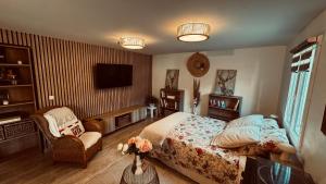 a bedroom with a bed and a flat screen tv at suite romantique jacuzzi & piscine privée en pleine forêt in Saint-Zacharie