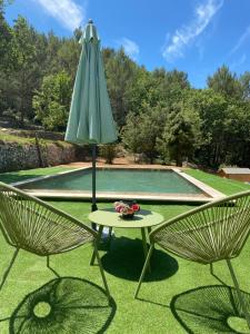 a green umbrella sitting on a table next to two chairs at suite romantique jacuzzi & piscine privée en pleine forêt in Saint-Zacharie