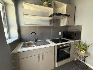a small kitchen with a sink and a microwave at Evangeline House in Cape Town +20 photos