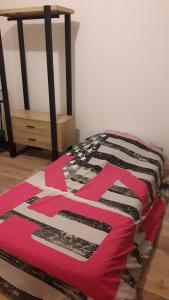 a bed with a pink and black blanket on it at Le Mans Changé GP 24H DU MANS in Changé