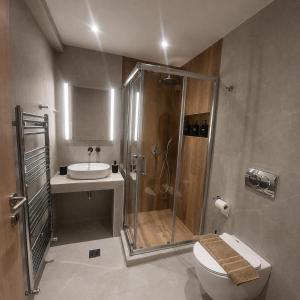 a bathroom with a shower and a toilet and a sink at Malama's apartment in Neos Marmaras +23 photos