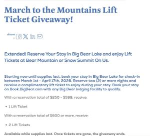 a screenshot of the website for the mountain lifts ticket giveaway at Applewood Cabins & Guest Cabin Near the Village in Big Bear Lake +25 photos