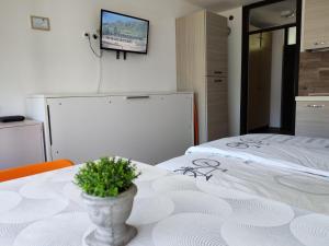 a bedroom with a table with a plant on it at Monolocale Belvedere in Bovec