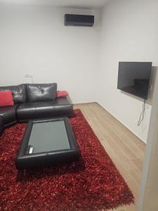 ein Wohnzimmer mit schwarzem Sofa und rotem Teppich in der Unterkunft Sunshine in Kravlja