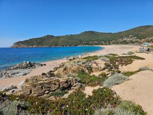 a beach with people standing on the sand and the water at Yourte Corsica vera in Appietto