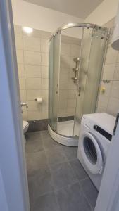 a bathroom with a shower and a washing machine at Take it slow in Postira +26 photos