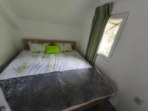 a small bedroom with a bed with a window at Villa Hristina in Elshani