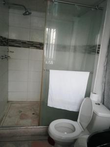 a bathroom with a shower with a toilet and a shower at Alojamiento RUBY'S in Pereira