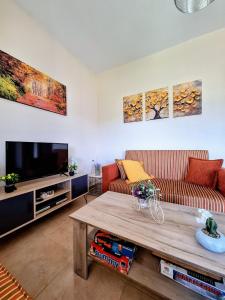 a living room with a couch and a coffee table at Lemon tree House in Skala Marion