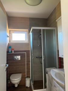 a bathroom with a shower and a toilet and a sink at Rab Studio first floor 32m2 in Kampor +59 photos