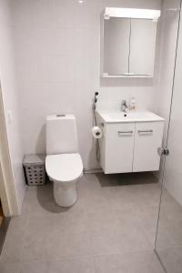 a white bathroom with a toilet and a sink at City Heaven in Turku