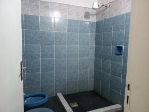 a bathroom with a shower with a blue toilet at Departamento Luque in Luque