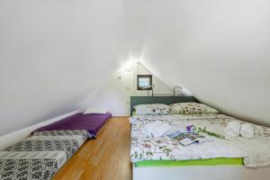 two beds in a room with a attic at Ladybug House Nature Retreat w/ Jacuzzi - Happy Rentals in Fokovci