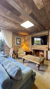 a living room with a couch and a fireplace at Sítio Mello in Igrejinha