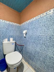 a bathroom with a toilet and a blue tiled wall at Gite d étape Khettara Oasis in Er Rachidia +24 photos