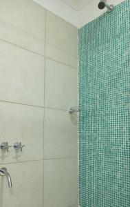 a bathroom with a shower with green tile at Frente a Termas in Federación